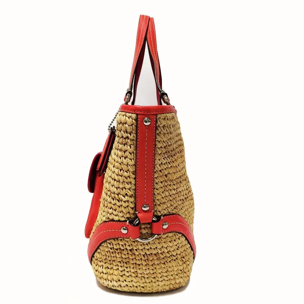Coach Woven Straw Pocket Tote Natural Coral Leather Trim Turnlock Beach Bag